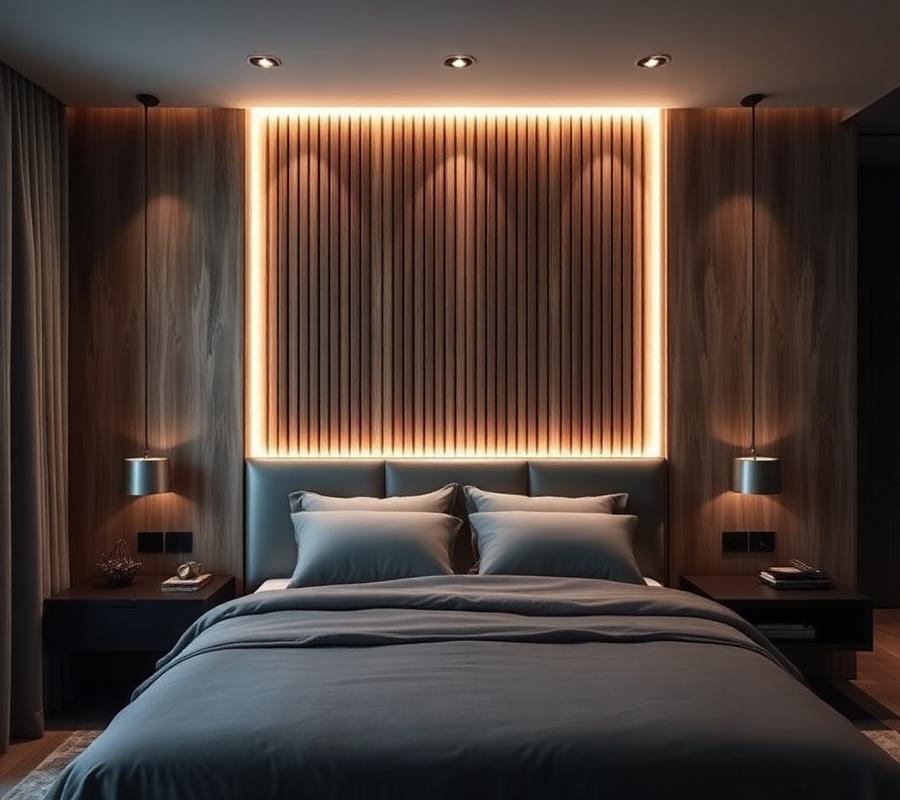 Schlafzimmer mit beleuchteter Lamellenwand